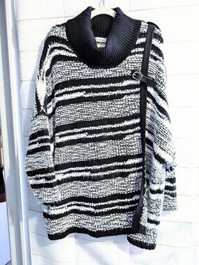 Vintage Calvin Klein Black & White Striped Cowl Neck Sweater Size 1X